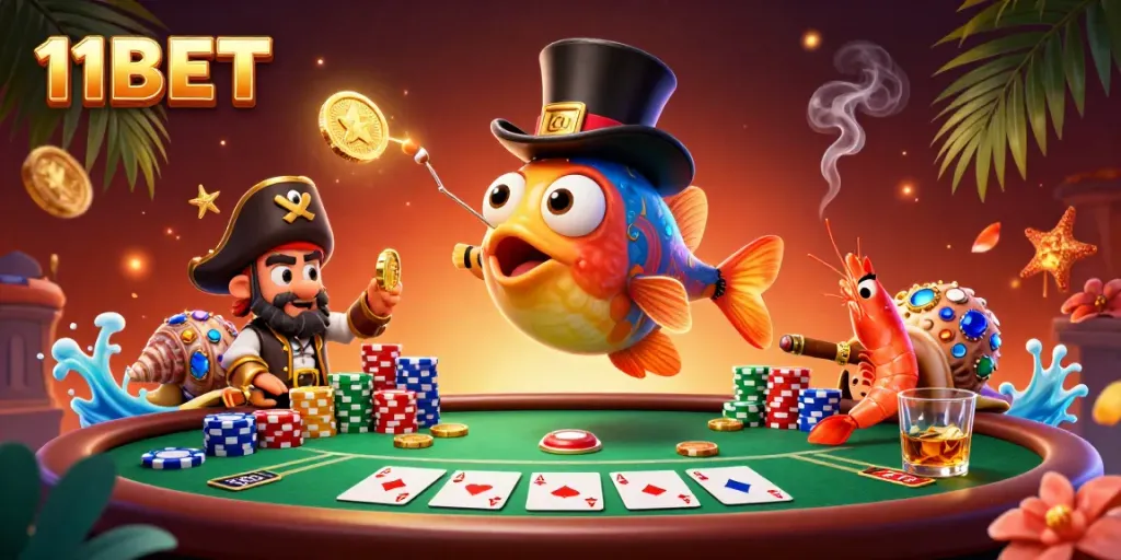 Experience thrilling gameplay with 11BET's vibrant casino scene featuring charming underwater characters.