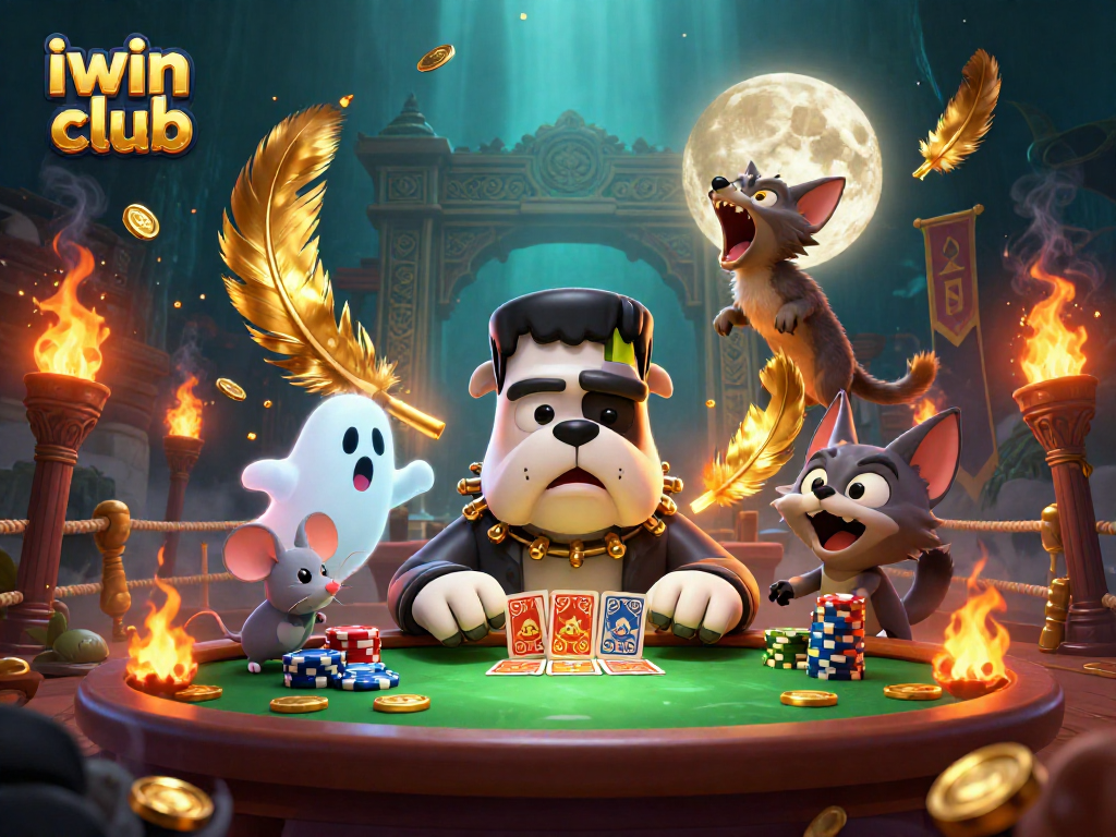 Experience the thrill at iwin club with a whimsical card game scene featuring unique characters and rich details.