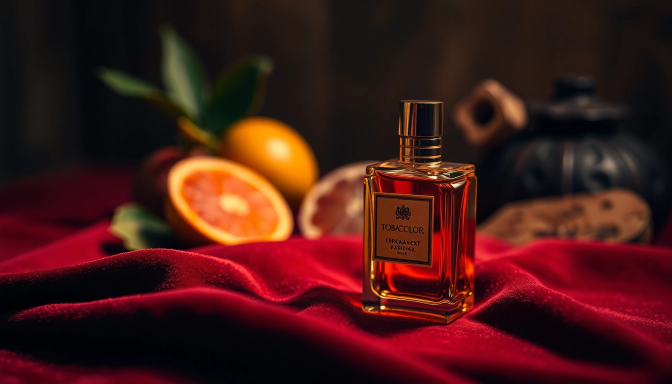 Tobacolor perfume bottle displayed elegantly on textured fabric, showcasing luxury and sophistication.