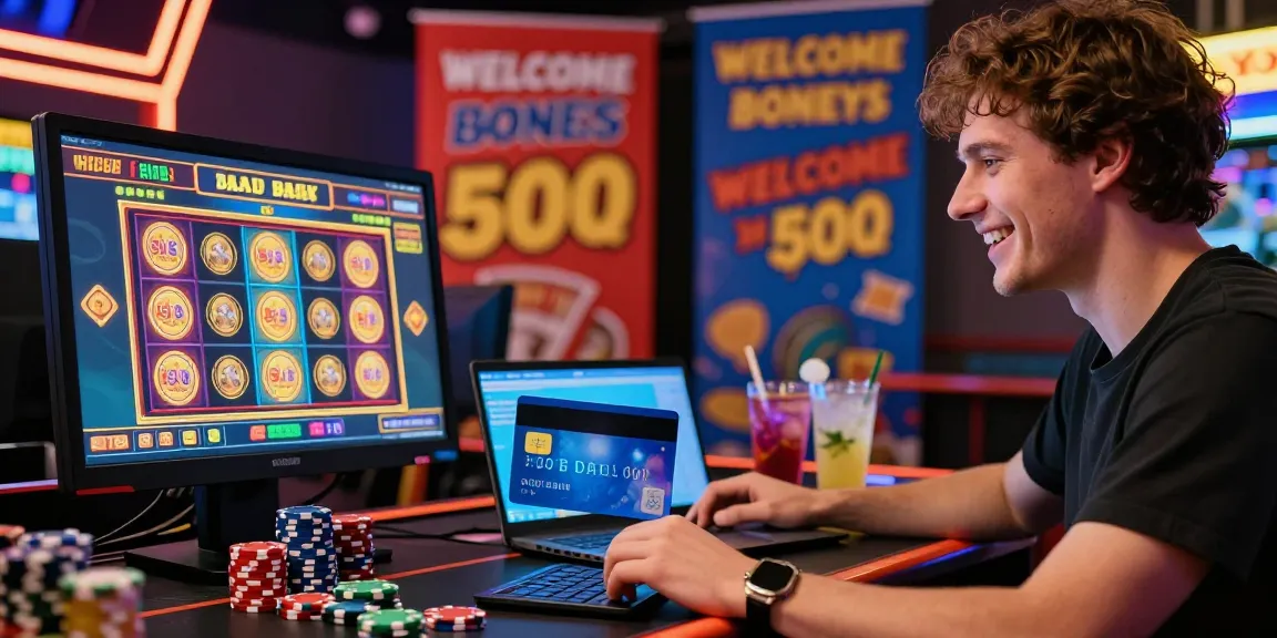 Player enjoying gaming experience at credit card casinos with colorful slot games and promotional banners.