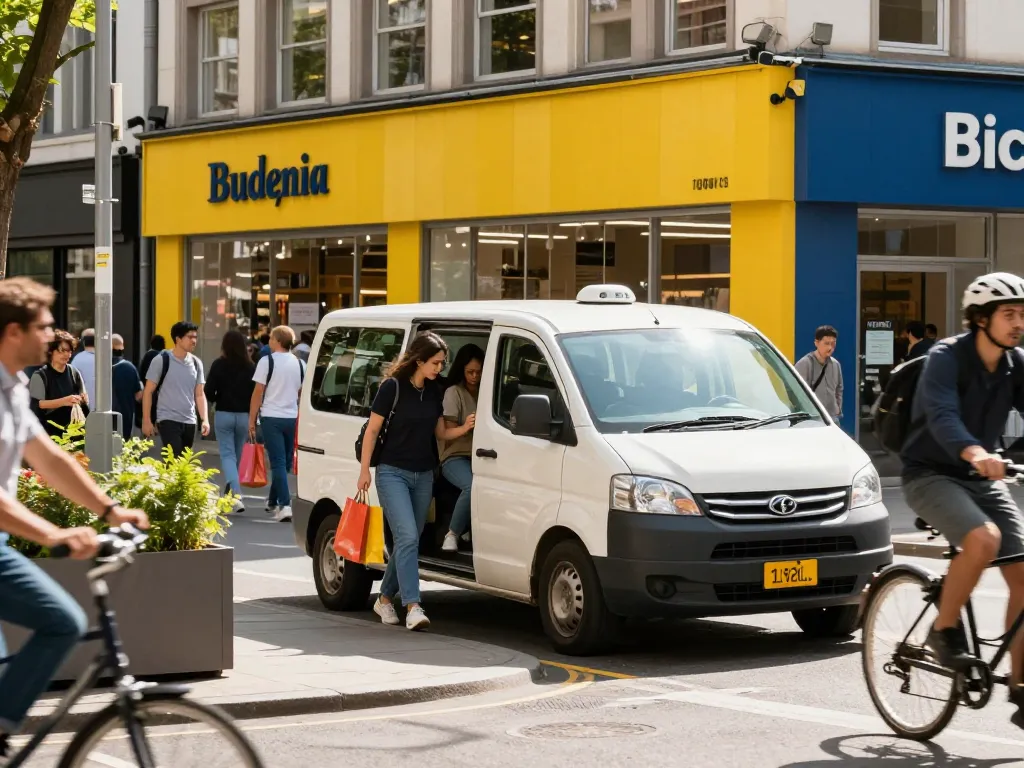 Minicab picking up passengers in a vibrant urban environment, showcasing city life.