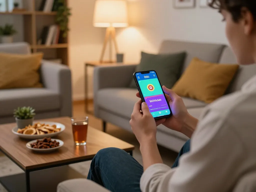 Enjoying mobile gambling while tải hitclub app on smartphone in a cozy living room atmosphere