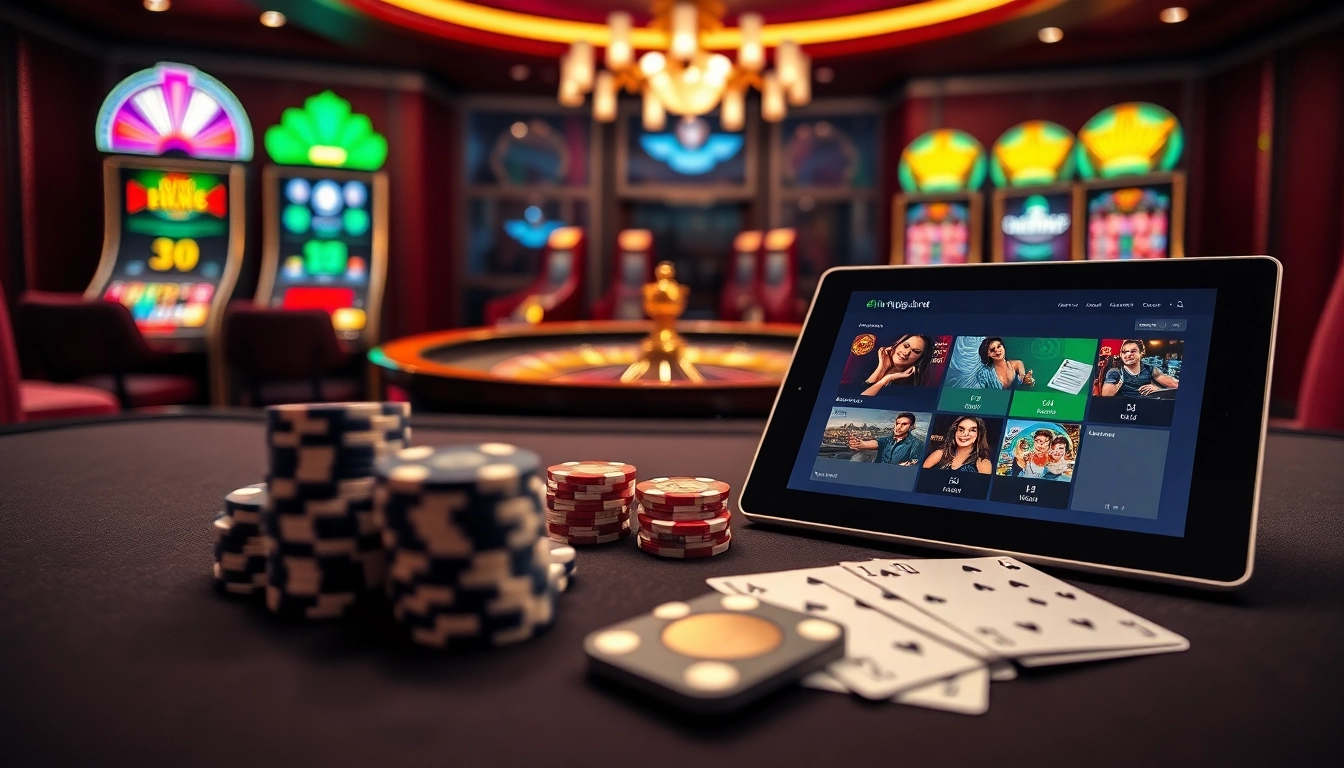 Experience the thrill of online gaming at rikvip.gb.net with vibrant casino visuals featuring poker chips and slots.