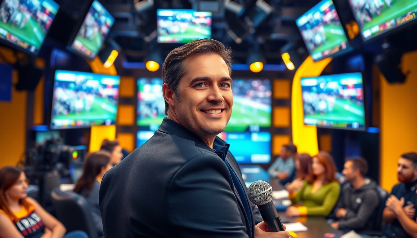 Sports Broadcasting host engaging viewers in a dynamic studio with vibrant lighting.