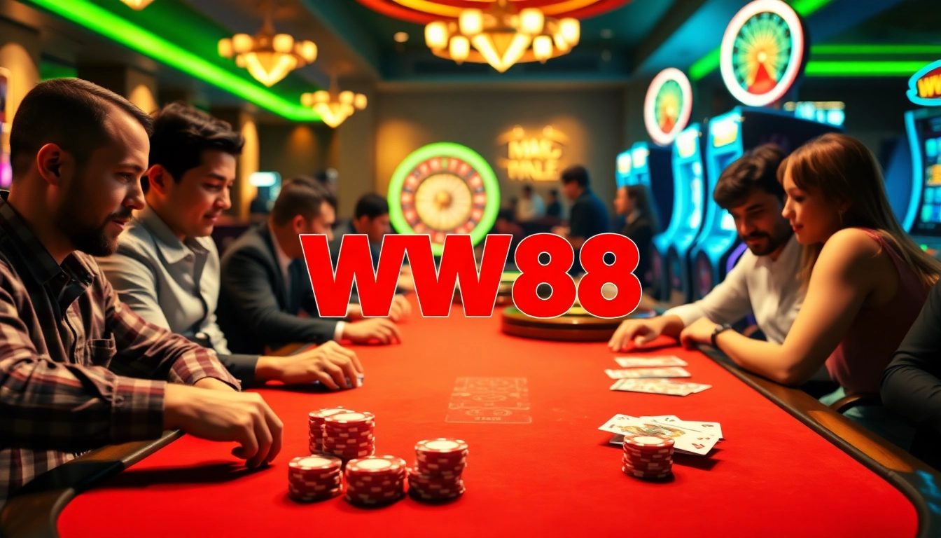 WW88 poker table scene with players enjoying high-stakes games and vibrant casino elements.