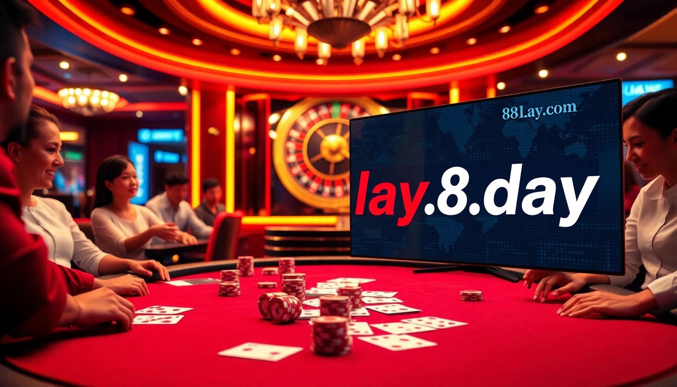 Exciting gaming action at 8day.cn.com with poker chips and cards in a luxurious casino.