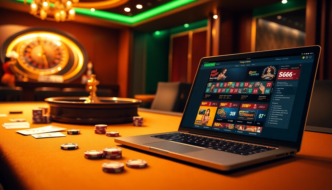 Engaging scene of a vibrant casino table featuring the trang chủ s666 gambling platform with poker chips and cards.