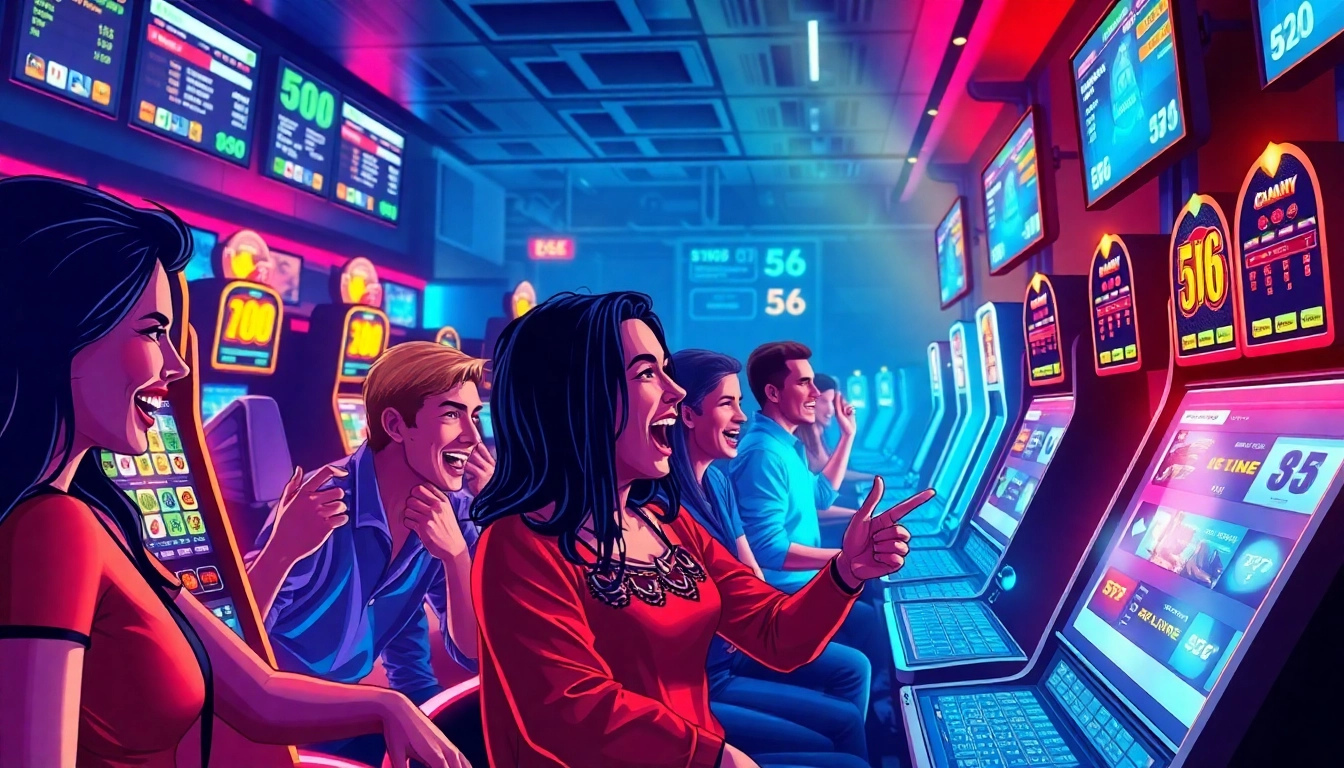 Enthusiastic players enjoying the online gaming experience at 566, showcasing various betting activities and a vibrant casino atmosphere.