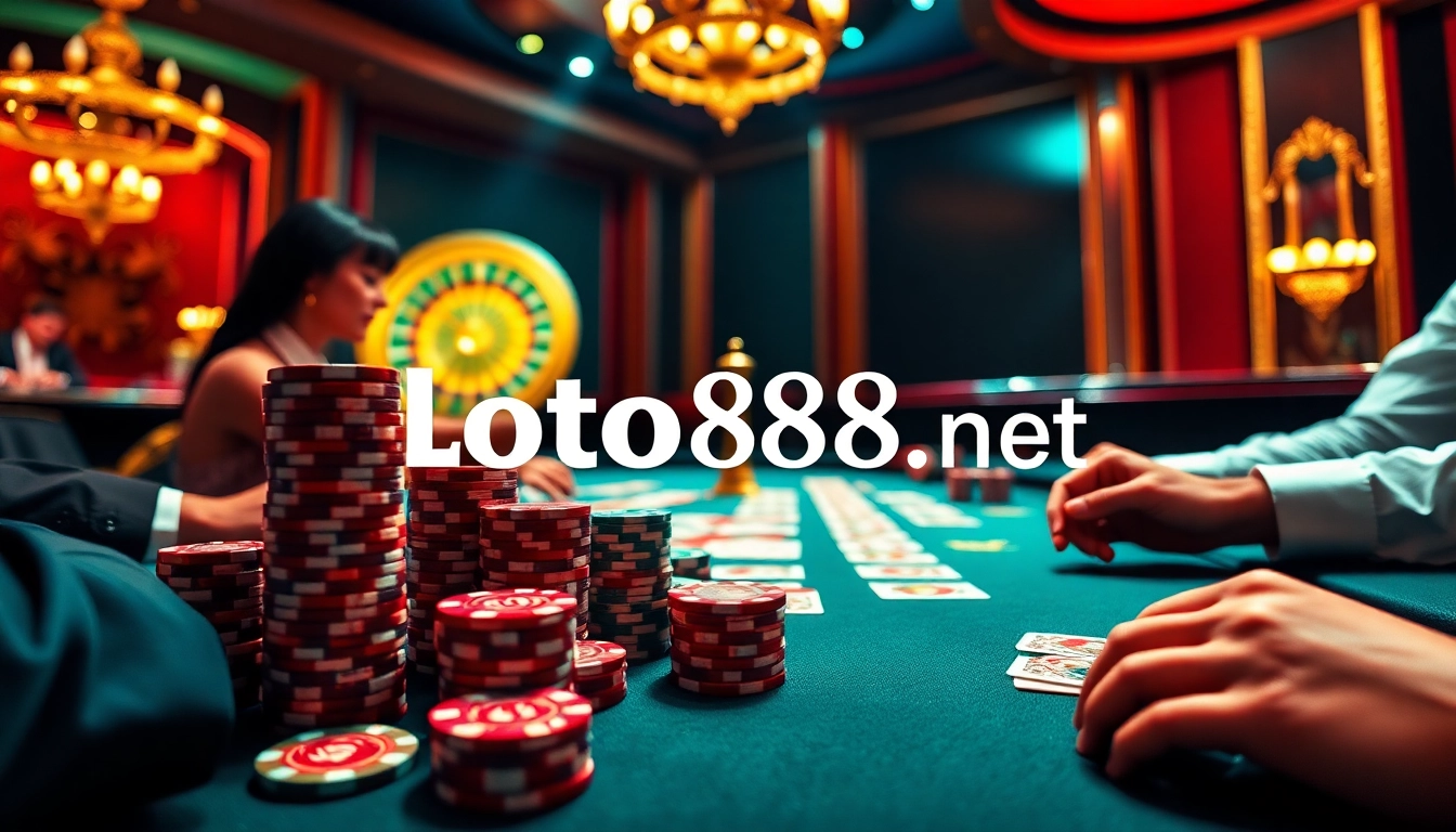 High-stakes poker scene at loto188.gb.net with players engaged, luxurious setting, and roulette wheel.
