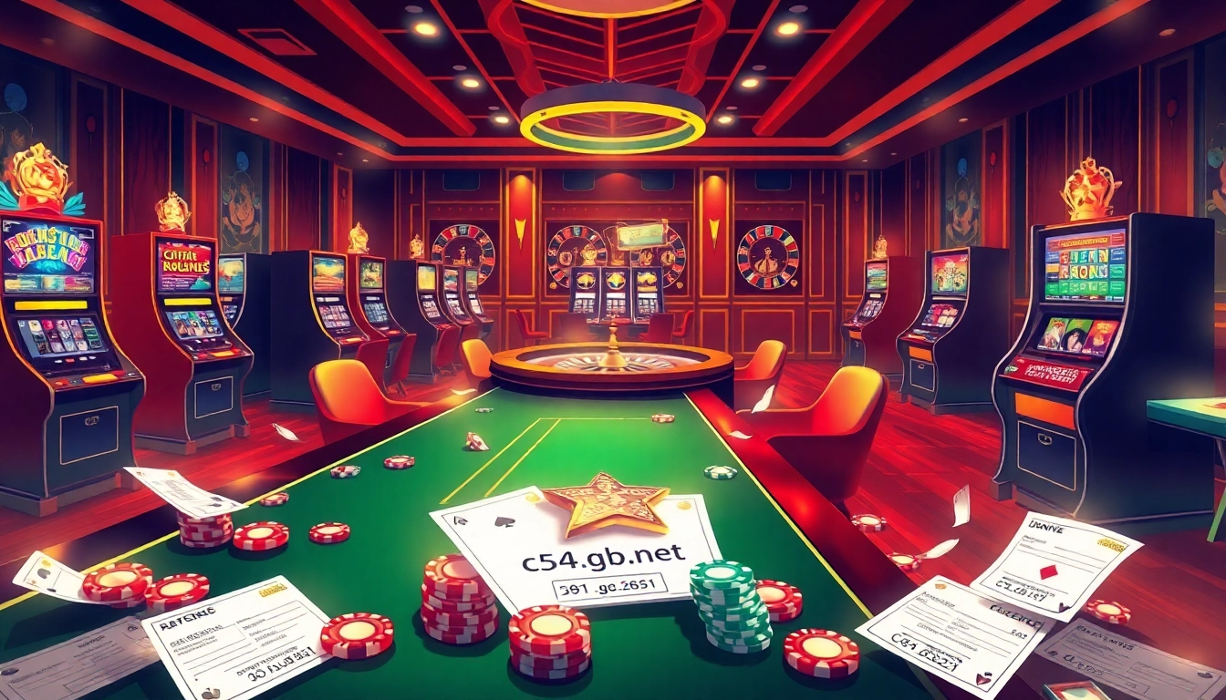 Experience the excitement of c54.gb.net with vibrant casino visuals full of gambling elements and luxury.