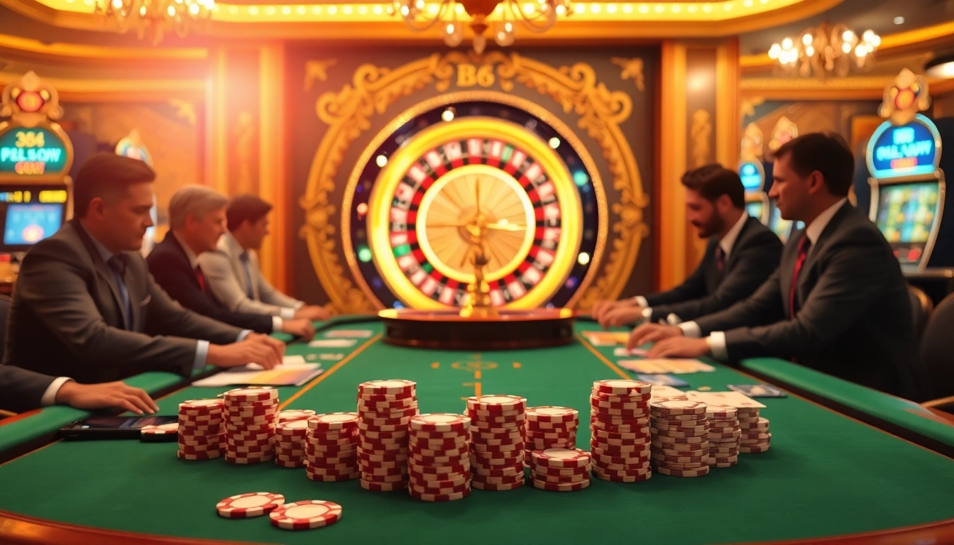 Gambling professionals strategizing at a luxury poker table featuring B8-themed decor and vibrant chips.