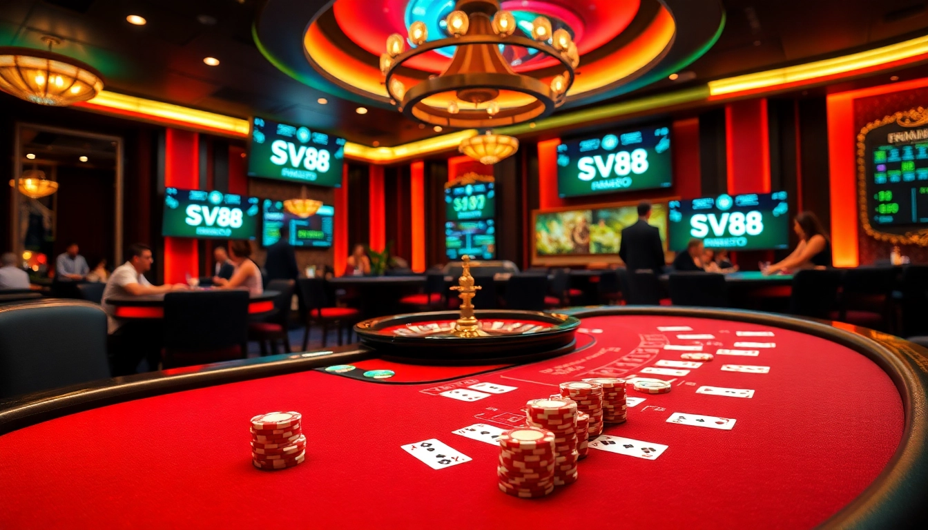 Players enjoying the excitement of SV88 at a luxurious casino table with vibrant chips and cards.