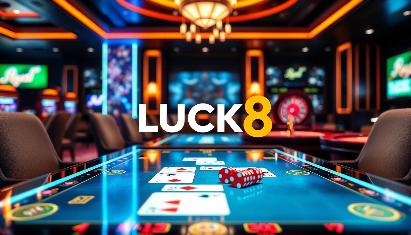 Engage with LUCK8 đăng nhập at a luxurious casino interface with poker chips and a roulette wheel.